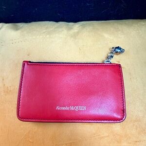 Alexander McQueen Red Leather Zip Card Case with Skull Charm